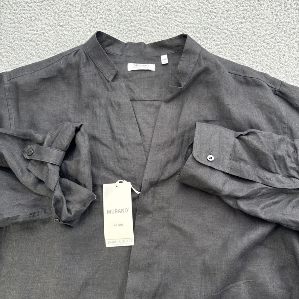 Murano Baird McNutt Linen Shirt Mens 2XB Mandarin Collar Long Roll Sleeve Black